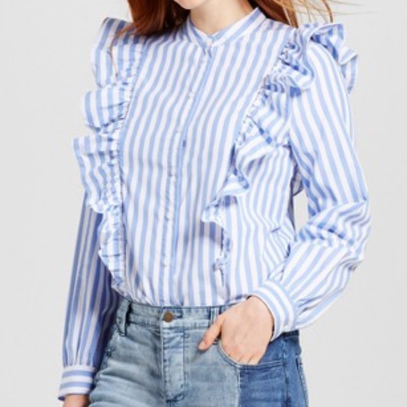 Who What Wear Tops - Who What Wear Blue Stripe Ruffle Shirt blouse